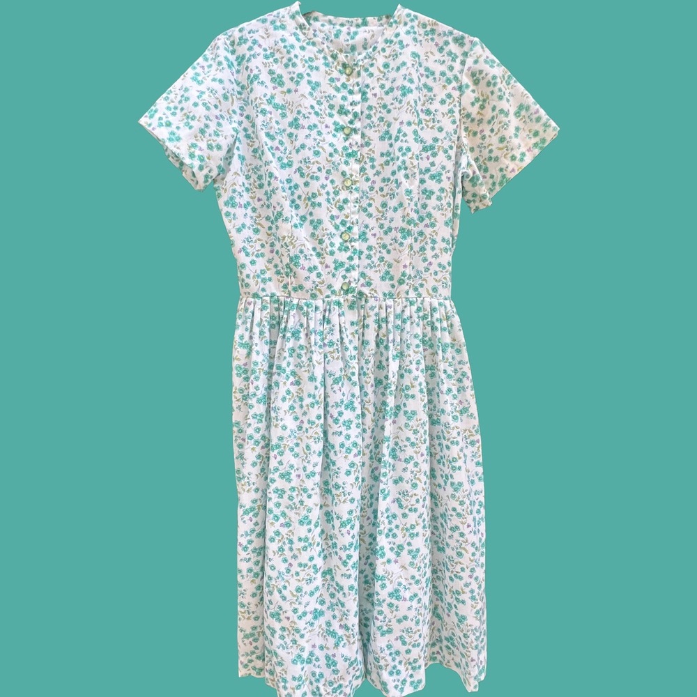 1960s Turquoise Floral 100% Cotton Dress